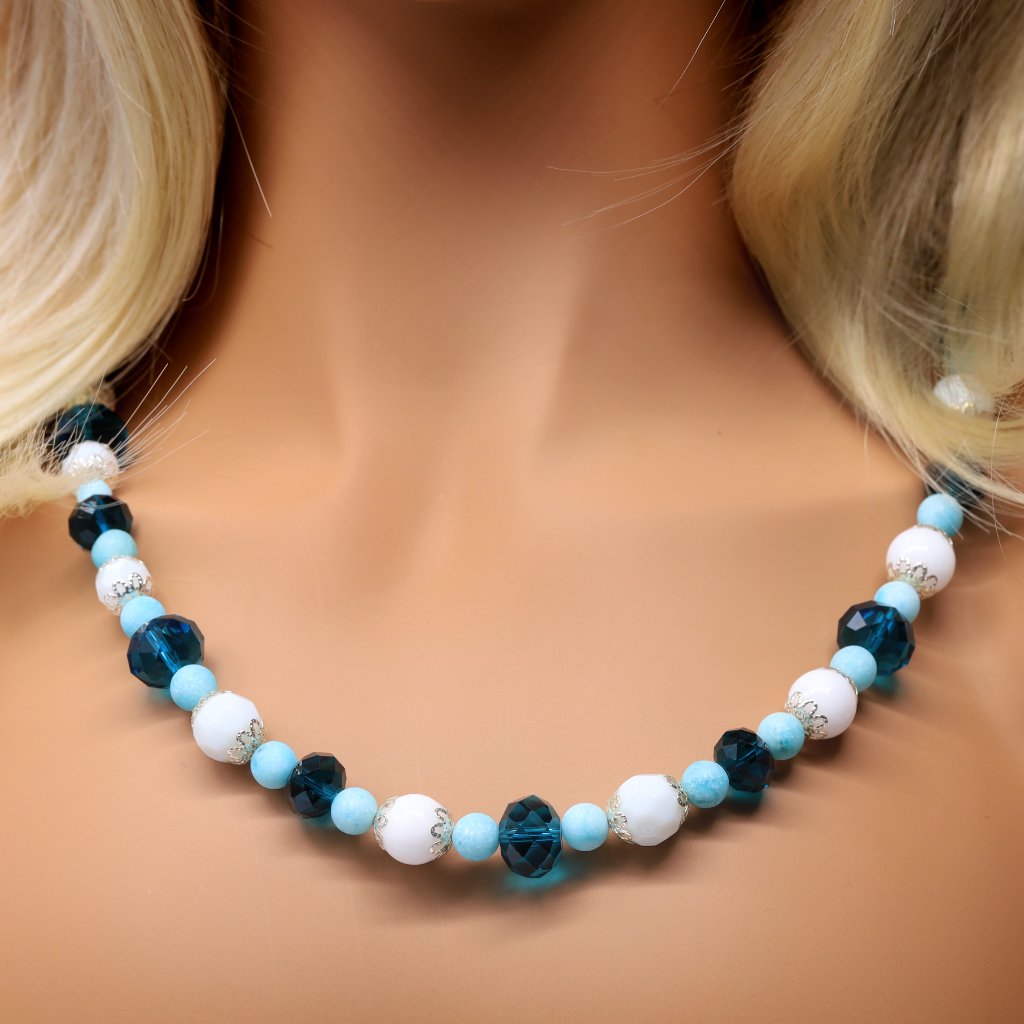 Necklace Crystal Milk Glass Beads Amazonite Stones Silver Bead Capping